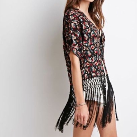 Fringed Floral-Embroidered Kimono - Picture 2 of 10